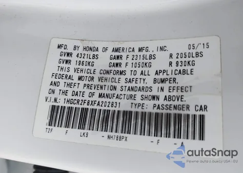 2015 Honda Accord Ex-L z USA, uszkodzony, nr VIN 1HGCR2F8XFA202831